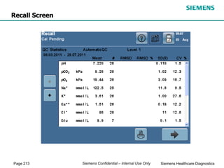 Page 213 Siemens Healthcare Diagnostics
Siemens Confidential – Internal Use Only
Recall Screen
 