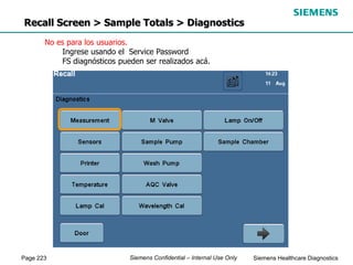Page 223 Siemens Healthcare Diagnostics
Siemens Confidential – Internal Use Only
Recall Screen > Sample Totals > Diagnostics
No es para los usuarios.
Ingrese usando el Service Password
FS diagnósticos pueden ser realizados acá.
 