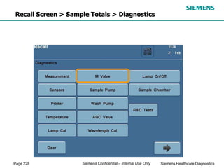 Page 228 Siemens Healthcare Diagnostics
Siemens Confidential – Internal Use Only
Recall Screen > Sample Totals > Diagnostics
 