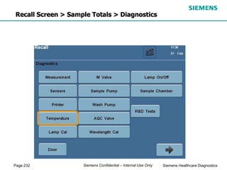 Page 232 Siemens Healthcare Diagnostics
Siemens Confidential – Internal Use Only
Recall Screen > Sample Totals > Diagnostics
 