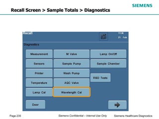 Page 235 Siemens Healthcare Diagnostics
Siemens Confidential – Internal Use Only
Recall Screen > Sample Totals > Diagnostics
 