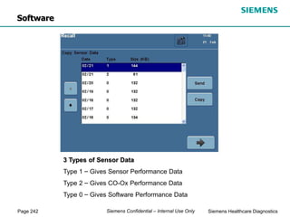 Page 242 Siemens Healthcare Diagnostics
Siemens Confidential – Internal Use Only
Software
3 Types of Sensor Data
Type 1 – Gives Sensor Performance Data
Type 2 – Gives CO-Ox Performance Data
Type 0 – Gives Software Performance Data
 