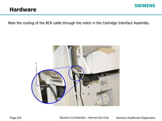 Page 255 Siemens Healthcare Diagnostics
Siemens Confidential – Internal Use Only
Hardware
Note the routing of the BCR cable through the notch in the Cartridge Interface Assembly.
 