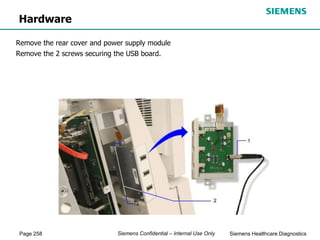 Page 258 Siemens Healthcare Diagnostics
Siemens Confidential – Internal Use Only
Hardware
Remove the rear cover and power supply module
Remove the 2 screws securing the USB board.
 