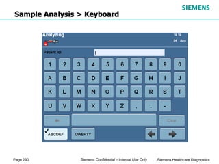 Page 290 Siemens Healthcare Diagnostics
Siemens Confidential – Internal Use Only
Sample Analysis > Keyboard
 