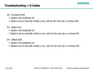 Page 320 Siemens Healthcare Diagnostics
Siemens Confidential – Internal Use Only
Troubleshooting > D Codes
D2 - Excessive Drift
• System will recalibrate 2X
• Options are to manually initiate a cal, wait for the next cal, or remove M/C
D3 - Slope Error
• System will recalibrate 2X
• Options are to manually initiate a cal , wait for the next cal, or remove M/C
D4 - Offset Drift
• System will recalibrate 2X
• Options are to manually initiate a cal , wait for the next cal, or remove M/C
 