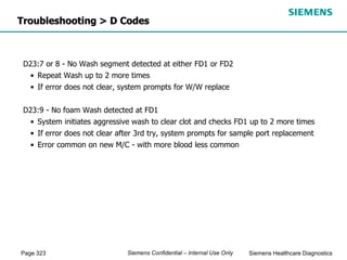 Page 323 Siemens Healthcare Diagnostics
Siemens Confidential – Internal Use Only
D23:7 or 8 - No Wash segment detected at either FD1 or FD2
• Repeat Wash up to 2 more times
• If error does not clear, system prompts for W/W replace
D23:9 - No foam Wash detected at FD1
• System initiates aggressive wash to clear clot and checks FD1 up to 2 more times
• If error does not clear after 3rd try, system prompts for sample port replacement
• Error common on new M/C - with more blood less common
Troubleshooting > D Codes
 