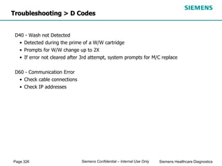 Page 326 Siemens Healthcare Diagnostics
Siemens Confidential – Internal Use Only
D40 - Wash not Detected
• Detected during the prime of a W/W cartridge
• Prompts for W/W change up to 2X
• If error not cleared after 3rd attempt, system prompts for M/C replace
D60 - Communication Error
• Check cable connections
• Check IP addresses
Troubleshooting > D Codes
 