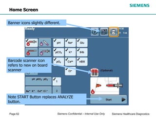 Page 62 Siemens Healthcare Diagnostics
Siemens Confidential – Internal Use Only
Home Screen
Banner icons slightly different.
Note START Button replaces ANALYZE
button.
Barcode scanner icon
refers to new on board
scanner
 