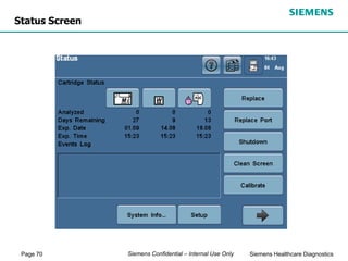 Page 70 Siemens Healthcare Diagnostics
Siemens Confidential – Internal Use Only
Status Screen
 