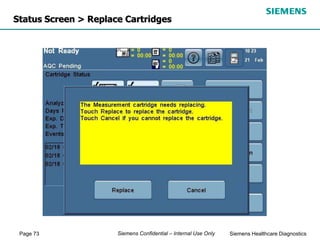 Page 73 Siemens Healthcare Diagnostics
Siemens Confidential – Internal Use Only
Status Screen > Replace Cartridges
 