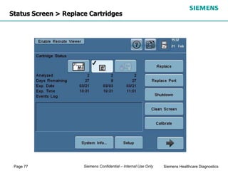 Page 77 Siemens Healthcare Diagnostics
Siemens Confidential – Internal Use Only
Status Screen > Replace Cartridges
 
