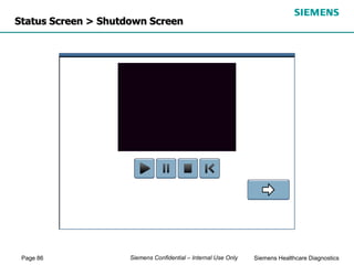Page 86 Siemens Healthcare Diagnostics
Siemens Confidential – Internal Use Only
Status Screen > Shutdown Screen
 