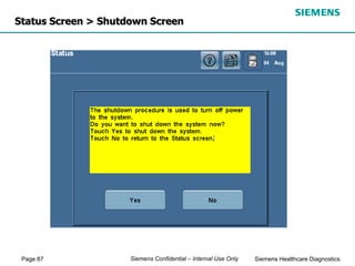 Page 87 Siemens Healthcare Diagnostics
Siemens Confidential – Internal Use Only
Status Screen > Shutdown Screen
 