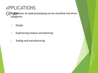 APPLICATIONS
OF RP
13
⦿ Applications of rapid prototyping can be classified into three
categories:
1. Design
2. Engineering analysis and planning
3. Tooling and manufacturing
 