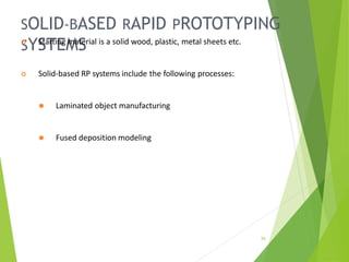 SOLID-BASED RAPID PROTOTYPING
SYSTEMS
26
 Starting material is a solid wood, plastic, metal sheets etc.
 Solid-based RP systems include the following processes:
⚫ Laminated object manufacturing
⚫ Fused deposition modeling
 