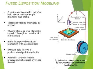 FUSED DEPOSITION MODELING
• Agantry robot controlled extruder
head moves in two principle
directions over a table
• Table can be raised or lowered as
needed
• Thermo plastic or wax filament is
extruded through the small orifice
of heated die
• Initial layer placed on a foam
foundation with a constant rate
• Extruder head follows a
predetermined path from the file
• After first layer the table is
lowered and subsequent layers are
formed
Fig: (a)Fused-deposition-modelingprocess3.5
(b)TheFDM5000, afused-decomposition-
modeling-machine.
 