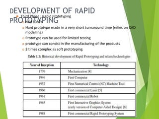 DEVELOPMENT OF RAPID
PROTOTYPING
⚫ Third Phase : Rapid Prototyping
 Mid 1980’s
 Hard prototype made in a very short turnaround time (relies on CAD
modelling)
 Prototype can be used for limited testing
 prototype can consist in the manufacturing of the products
 3 times complex as soft prototyping
7
 