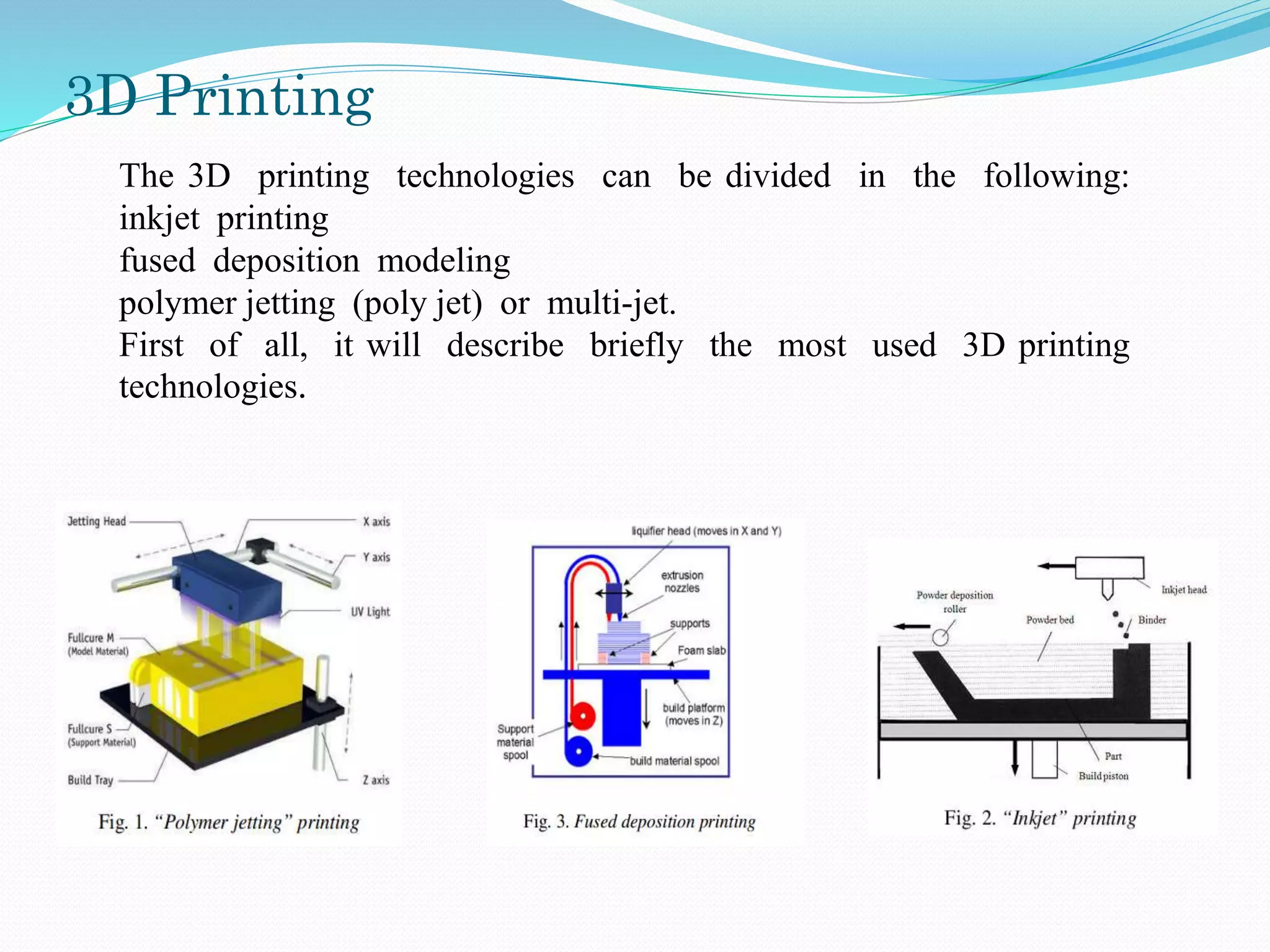 3D Printing
The 3D printing technologies can be divided in the following:
inkjet printing
fused deposition modeling
polymer jetting (poly jet) or multi-jet.
First of all, it will describe briefly the most used 3D printing
technologies.
 
