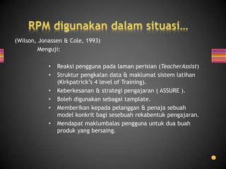 (Wilson, Jonassen & Cole, 1993)
        Menguji:

            •   Reaksi pengguna pada laman perisian (TeacherAssist)
            •   Struktur pengkalan data & maklumat sistem latihan
                (Kirkpatrick’s 4 level of Training).
            •   Keberkesanan & strategi pengajaran ( ASSURE ).
            •   Boleh digunakan sebagai tamplate.
            •   Memberikan kepada pelanggan & penaja sebuah
                model konkrit bagi sesebuah rekabentuk pengajaran.
            •   Mendapat maklumbalas pengguna untuk dua buah
                produk yang bersaing.
 