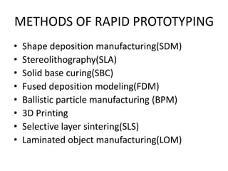 METHODS OF RAPID PROTOTYPING
•   Shape deposition manufacturing(SDM)
•   Stereolithography(SLA)
•   Solid base curing(SBC)
•   Fused deposition modeling(FDM)
•   Ballistic particle manufacturing (BPM)
•   3D Printing
•   Selective layer sintering(SLS)
•   Laminated object manufacturing(LOM)
 