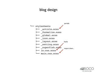 blog design


                          partials
#"" stylesheets
    !"" _article.scss
    !"" _formalize.sass
    !"" _global.scss
    !"" _icon.scss
    !"" _layout.scss      hacks
    !"" _setting.scss
    !"" _superfish.scss   import them...
    !"" ie.css.scss
    #"" main.css.scss
 