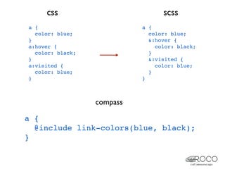 css                          scss
a {                         a {
  color: blue;                color: blue;
}                             &:hover {
a:hover {                       color: black;
  color: black;               }
}                             &:visited {
a:visited {                     color: blue;
  color: blue;                }
}                           }



                  compass

a {
  @include link-colors(blue, black);
}
 