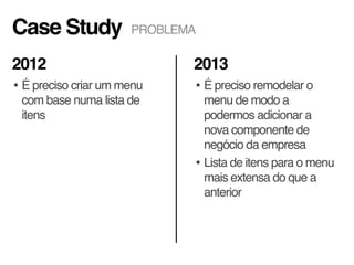 Case Study
• É preciso criar um menu
com base numa lista de
itens
• É preciso remodelar o
menu de modo a
podermos adicionar a
nova componente de
negócio da empresa
• Lista de itens para o menu
mais extensa do que a
anterior
2012 2013
PROBLEMA
 
