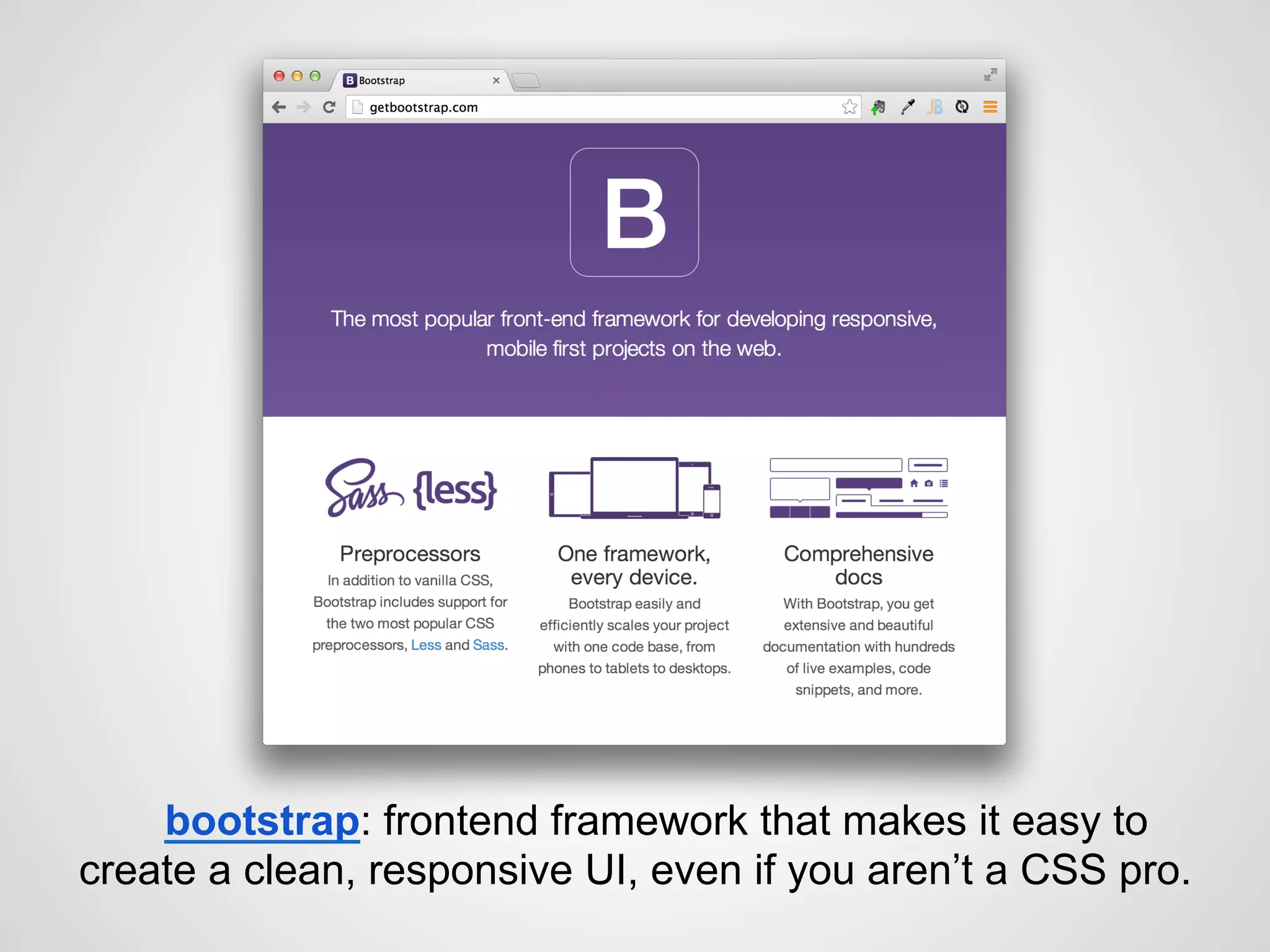 bootstrap: frontend framework that makes it easy to
create a clean, responsive UI, even if you aren’t a CSS pro.
 