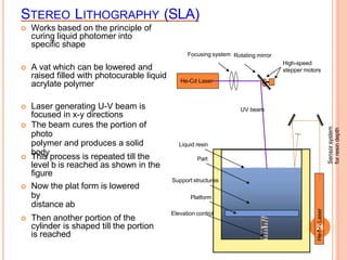 STEREO LITHOGRAPHY (SLA)
 Works based on the principle of
curing liquid photomer into
specific shape
 A vat which can be lowered and
raised filled with photocurable liquid
acrylate polymer
 Laser generating U-V beam is
focused in x-y directions
 The beam cures the portion of
photo
polymer and produces a solid
body
 This process is repeated till the
level b is reached as shown in the
figure
 Now the plat form is lowered
by
distance ab
 Then another portion of the
cylinder is shaped till the portion
is reached
He-Cd Laser
UV beam
Focusing system Rotating mirror
High-speed
stepper motors
Liquid resin
Part
Platform
Elevation control
Support structures
He-Ne
Laser
Sensor
system
for
resin
depth
26
 