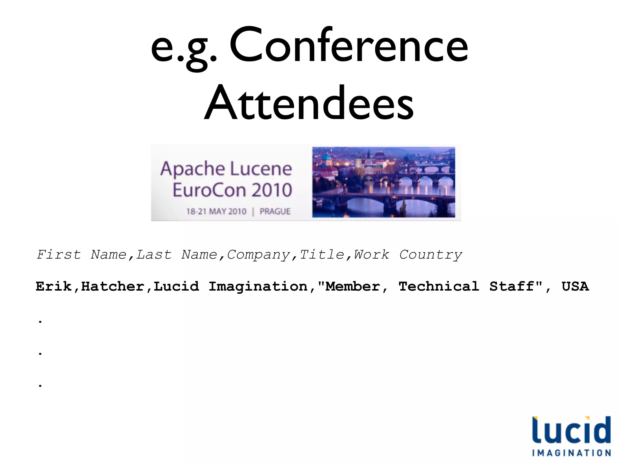 e.g. Conference
               Attendees

First Name,Last Name,Company,Title,Work Country

Erik,Hatcher,Lucid Imagination,"Member, Technical Staff", USA

.

.

.
 