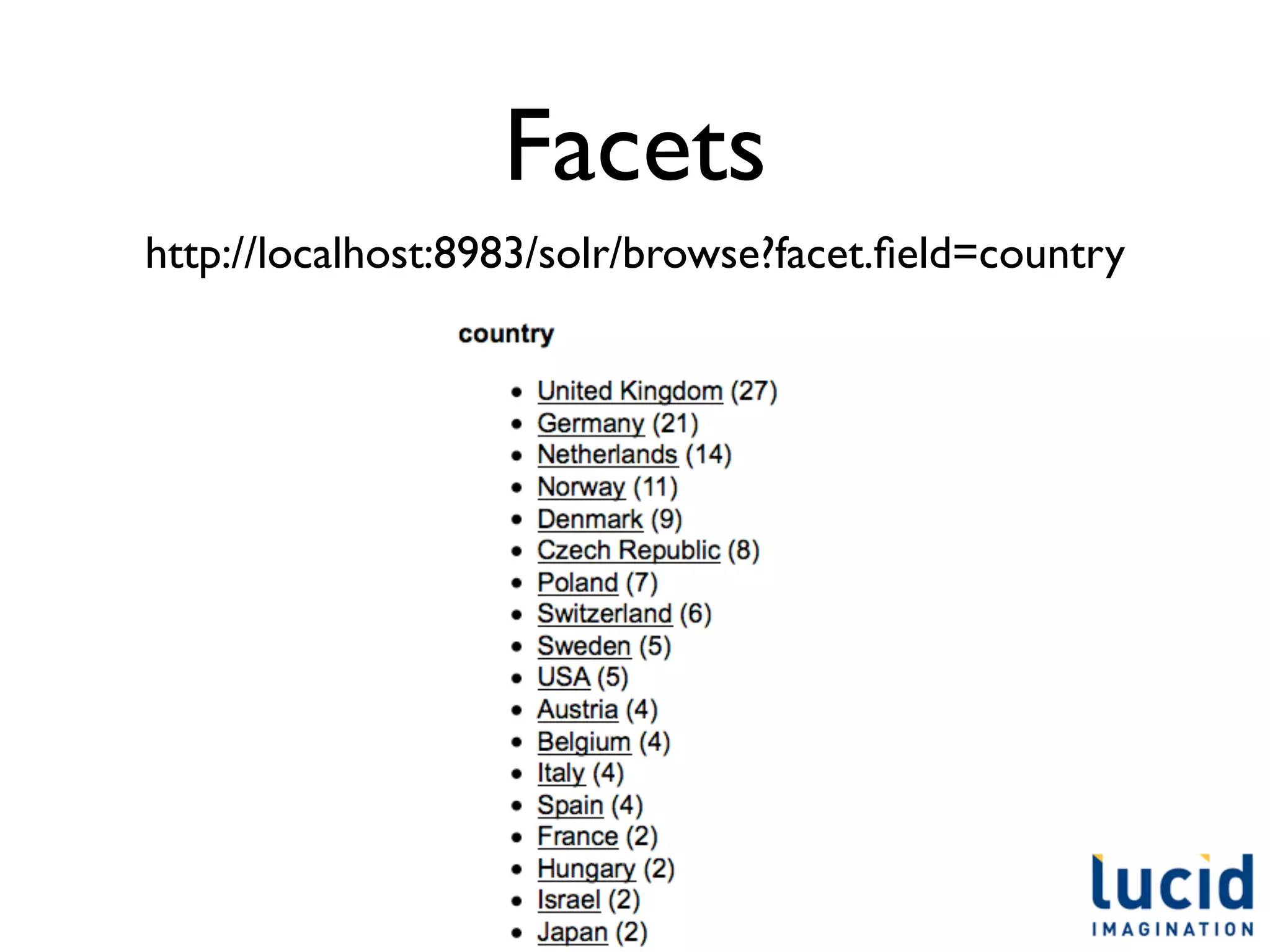 Facets
http://localhost:8983/solr/browse?facet.ﬁeld=country
 