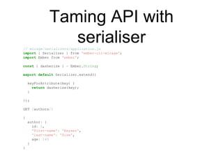 // mirage/serializers/application.js
import { Serializer } from 'ember-cli-mirage';
import Ember from 'ember';
const { dasherize } = Ember.String;
export default Serializer.extend({
keyForAttribute(key) {
return dasherize(key);
}
});
GET /authors/1
{
author: {
id: 1,
'first-name': 'Keyser',
'last-name': 'Soze',
age: 145
}
}
Taming API with
serialiser
 