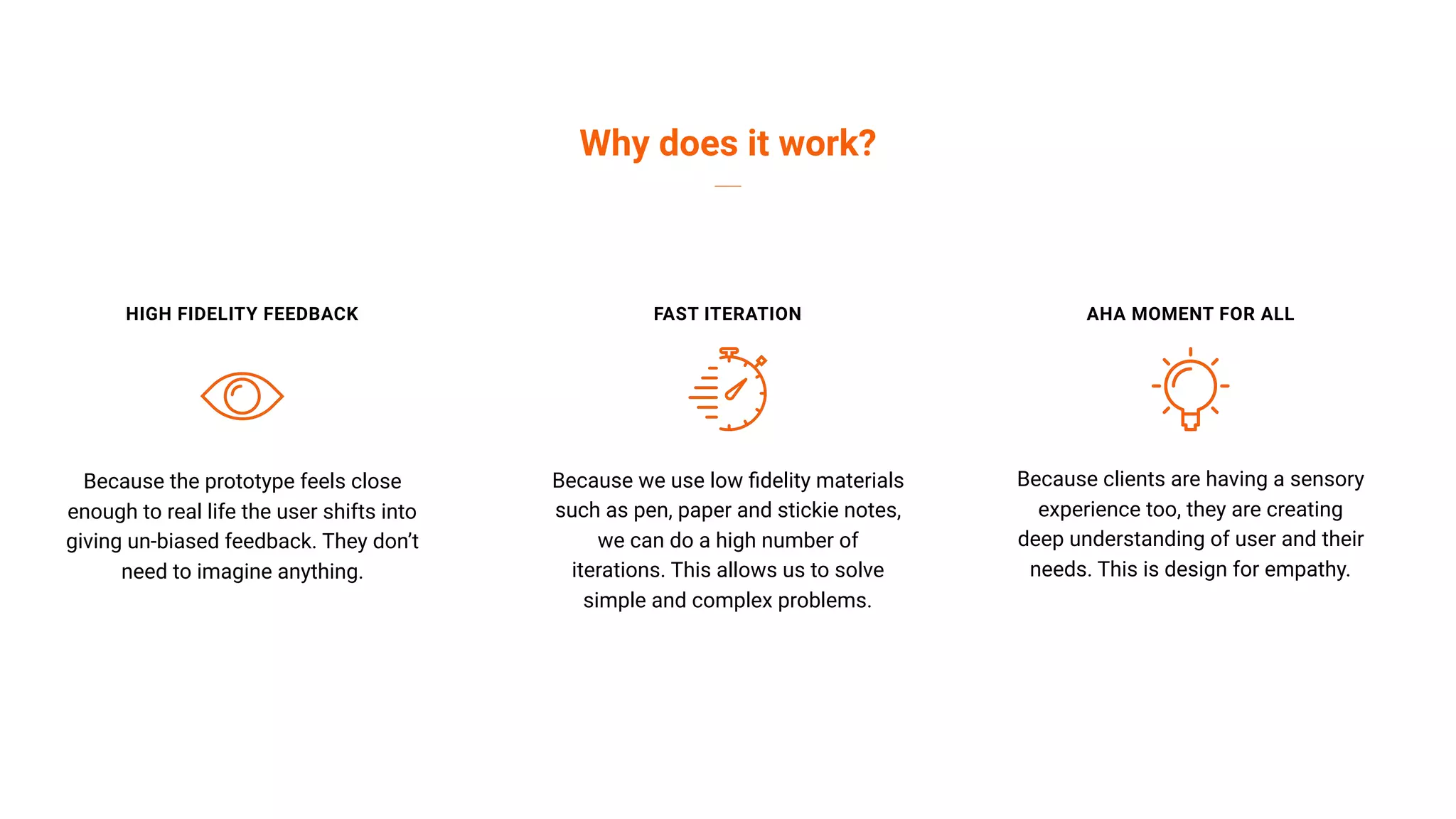 Why does it work?
HIGH FIDELITY FEEDBACK FAST ITERATION AHA MOMENT FOR ALL
Because the prototype feels close
enough to real life the user shifts into
giving un-biased feedback. They don’t
need to imagine anything.
Because we use low ﬁdelity materials
such as pen, paper and stickie notes,
we can do a high number of
iterations. This allows us to solve
simple and complex problems.
Because clients are having a sensory
experience too, they are creating
deep understanding of user and their
needs. This is design for empathy.
 
