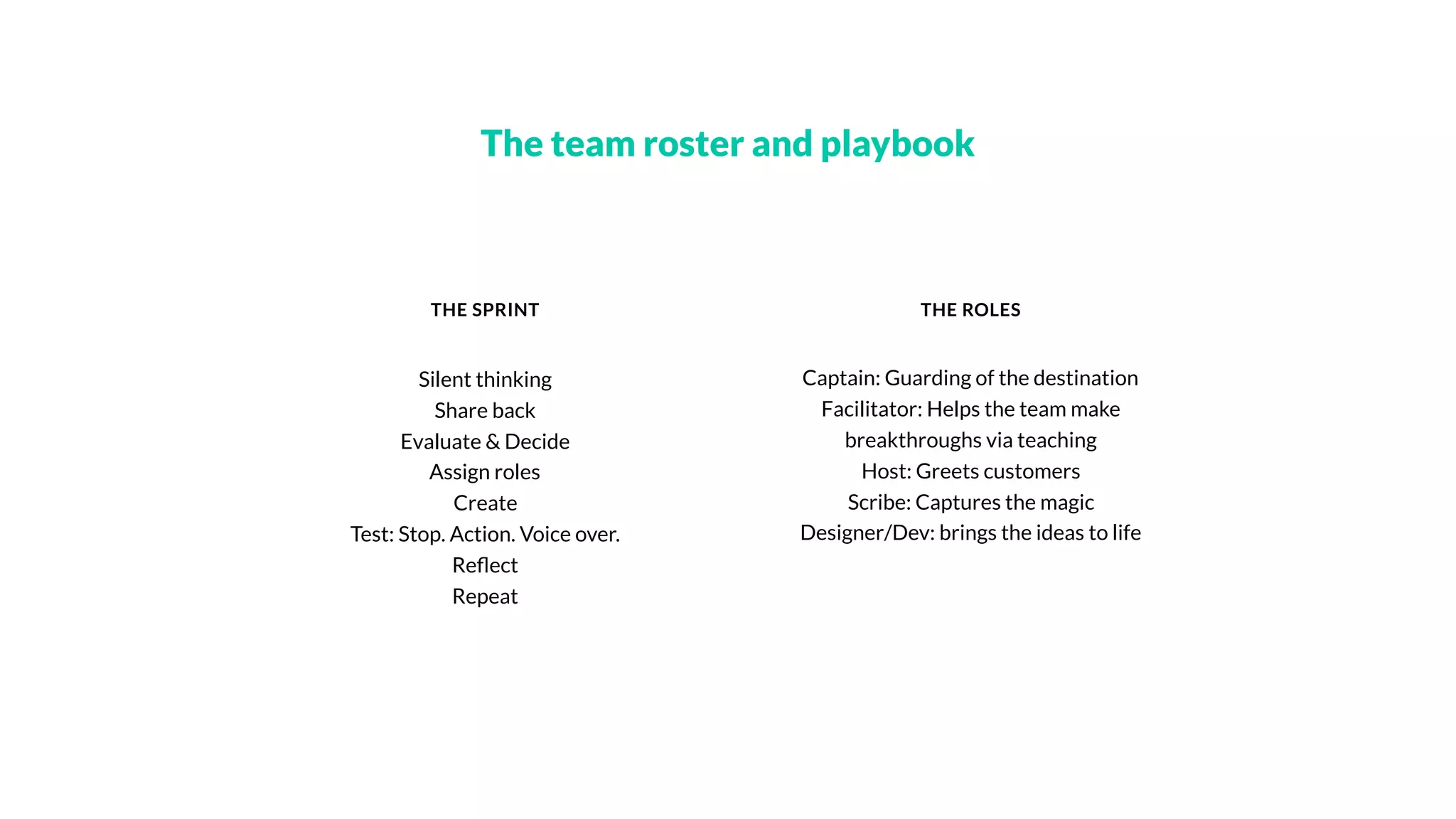 The team roster and playbook
THE SPRINT THE ROLES
Silent thinking
Share back
Evaluate & Decide
Assign roles
Create
Test: Stop. Action. Voice over.
Reﬂect
Repeat
Captain: Guarding of the destination
Facilitator: Helps the team make
breakthroughs via teaching
Host: Greets customers
Scribe: Captures the magic
Designer/Dev: brings the ideas to life
 