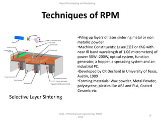 13
Dept. of Mechanical Engineering, RNSIT
2015
Rapid Prototyping and Modelling
Techniques of RPM
Selective Layer Sintering
•Piling up layers of laser sintering metal or non
metallic powder
•Machine Constituents: Laser(CO2 or YAG with
near IR band wavelength of 1.06 micrometers) of
power 50W -200W, optical system, function
generator, a hopper, a spreading system and an
industrial PC.
•Developed by CR Dechard in University of Texas,
Austin, 1989
•Forming materials: Wax powder, Metal Powder,
polystyrene, plastics like ABS and PLA, Coated
Ceramic etc
 