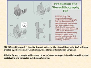 STL (STereoLithography) is a file format native to the stereolithography CAD software
created by 3D Systems. STL is also known as Standard Tessellation Language.
This file format is supported by many other software packages; it is widely used for rapid
prototyping and computer-aided manufacturing.
 