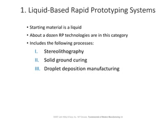 1. Liquid-Based Rapid Prototyping Systems
• Starting material is a liquid
• About a dozen RP technologies are in this cate...