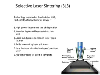Selective Laser Sintering (SLS)
Technology invented at Sandia Labs, USA,
Part constructed with metal powder
1.High power l...