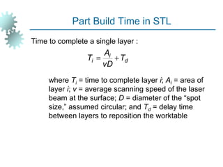 Part Build Time in STL
Time to complete a single layer :
where Ti = time to complete layer i; Ai = area of
layer i; v = average scanning speed of the laser
beam at the surface; D = diameter of the “spot
size,” assumed circular; and Td = delay time
between layers to reposition the worktable
d
i
i T
vD
A
T 

 