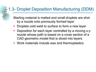 1.3- Droplet Deposition Manufacturing (DDM)
Starting material is melted and small droplets are shot
by a nozzle onto previously formed layer
 Droplets cold weld to surface to form a new layer
 Deposition for each layer controlled by a moving x-y
nozzle whose path is based on a cross section of a
CAD geometric model that is sliced into layers
 Work materials include wax and thermoplastics
 
