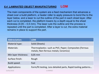 15/02/2010 S.AARNIO
6.4 LAMINATED OBJECT MANUFACTURING
The main components of the system are a feed mechanism that advances a
sheet over a build platform, a heater roller to apply pressure to bond the to the
layer below, and a laser to cut the outline of the part in each sheet layer. After
each cut is completed, the platform lowers by a depth equal to the sheet
thickness (0.05 – 0,5 mm). The laser cuts the outline and the process is
repeated until the part is completed. After a layer is cut, the extra material
remains in place to support the part.
Abbreviation: LOM
Material type: Solid (Sheets)
Materials: Thermoplastics such as PVC; Paper; Composites (Ferrous
metals; Non-ferrous metals; Ceramics)
Min layer thickness: 0,05 mm
Surface finish: Rough
Build speed: Fast
Applications: Form/fit testing, Less detailed parts, Rapid tooling patterns…
LOM
 