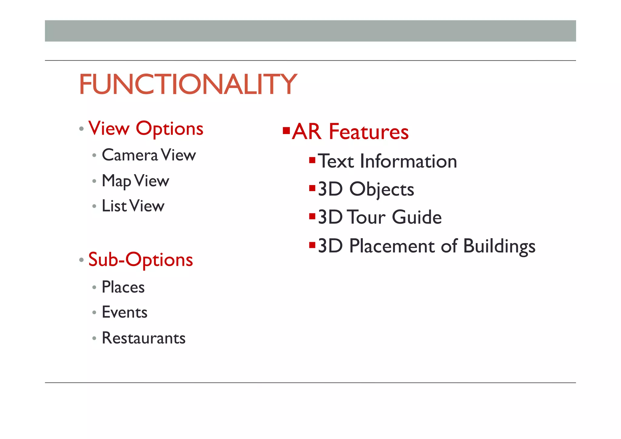 FUNCTIONALITY
• View Options
•  CameraView
•  MapView
•  ListView
• Sub-Options
•  Places
•  Events
•  Restaurants
! AR Features
! Text Information
! 3D Objects
! 3D Tour Guide
! 3D Placement of Buildings
 