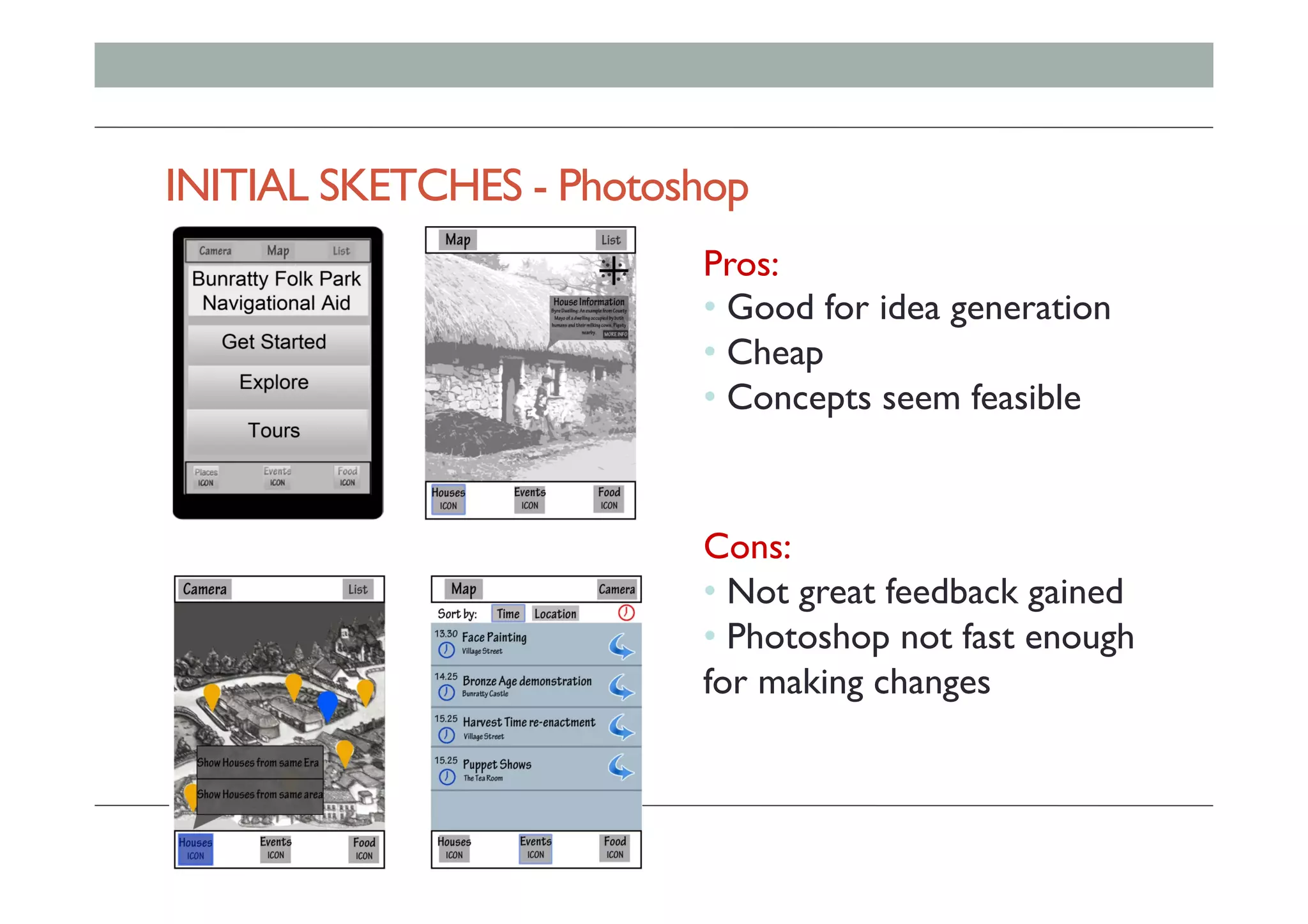 INITIAL SKETCHES - Photoshop
Pros:
• Good for idea generation
• Cheap
• Concepts seem feasible
Cons:
• Not great feedback gained
• Photoshop not fast enough
for making changes
 