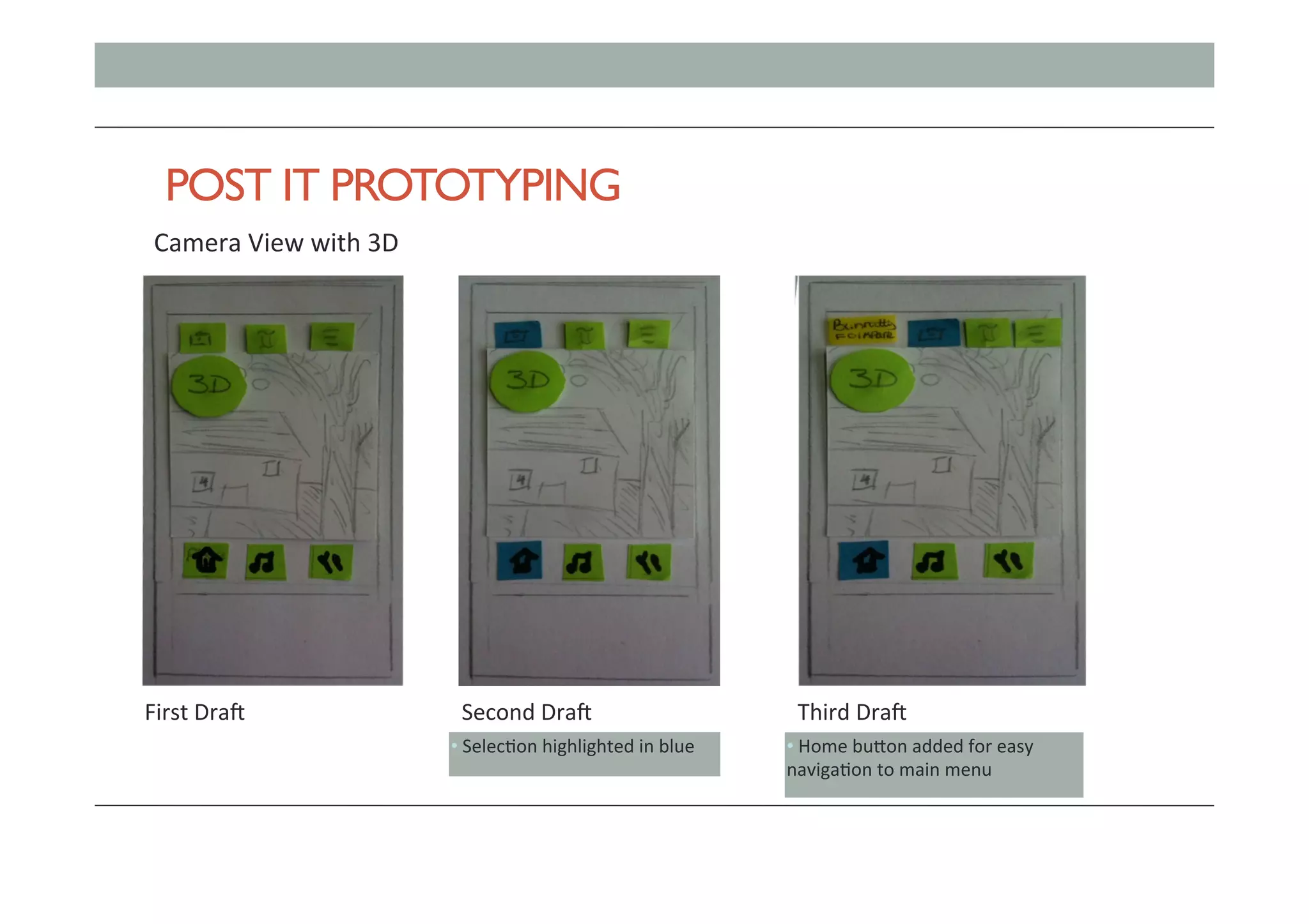 POST IT PROTOTYPING
First	DraJ	
Camera	View	with	3D	
Second	DraJ	 Third	DraJ	
• 	Selec;on	highlighted	in	blue	 • 	Home	bu)on	added	for	easy	
naviga;on	to	main	menu	
 
