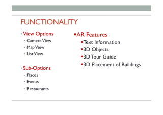 FUNCTIONALITY
• View Options
•  CameraView
•  MapView
•  ListView
• Sub-Options
•  Places
•  Events
•  Restaurants
! AR Features
! Text Information
! 3D Objects
! 3D Tour Guide
! 3D Placement of Buildings
 