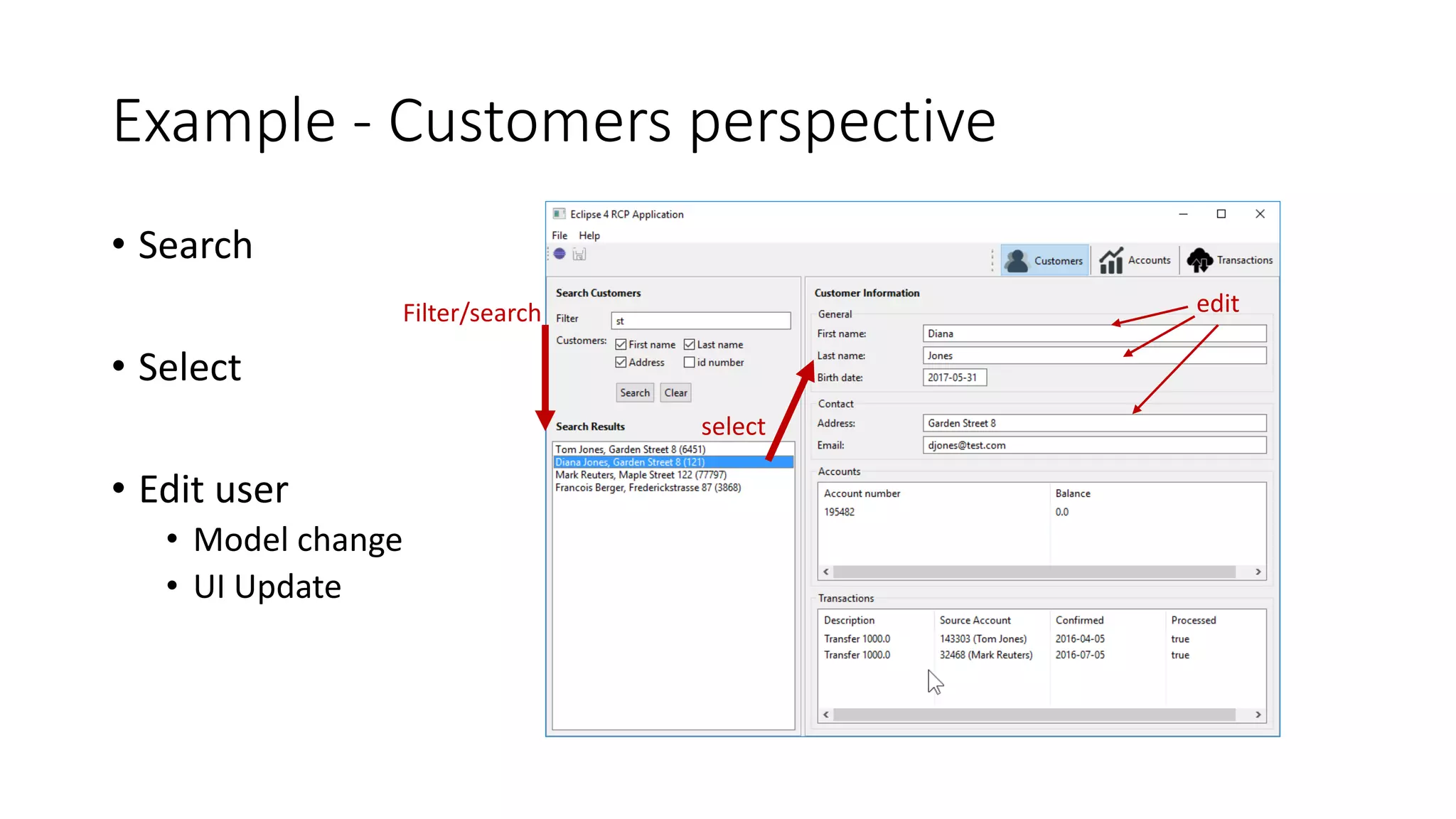 Example - Customers perspective
• Search
• Select
• Edit user
• Model change
• UI Update
Filter/search
select
edit
 