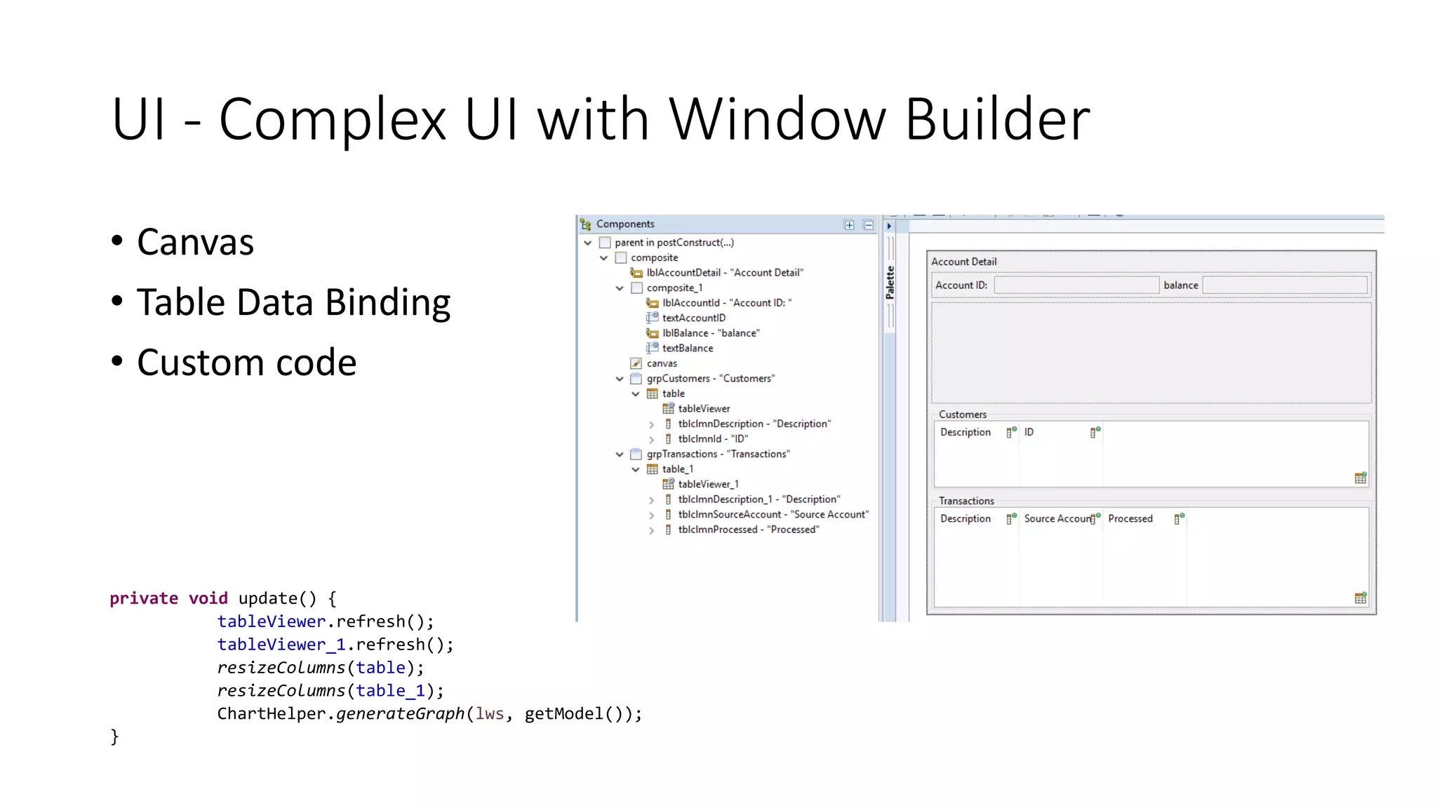 UI - Complex UI with Window Builder
• Canvas
• Table Data Binding
• Custom code
private void update() {
tableViewer.refresh();
tableViewer_1.refresh();
resizeColumns(table);
resizeColumns(table_1);
ChartHelper.generateGraph(lws, getModel());
}
 