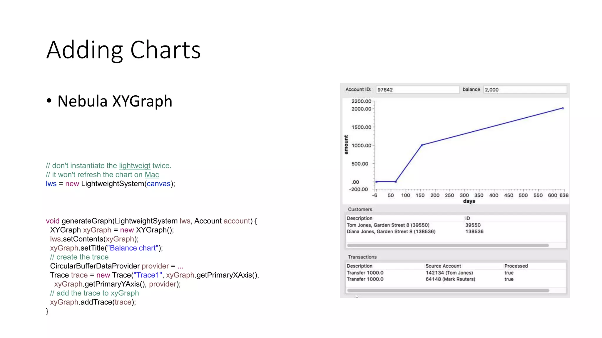Adding Charts
• Nebula XYGraph
// don't instantiate the lightweigt twice.
// it won't refresh the chart on Mac
lws = new LightweightSystem(canvas);
void generateGraph(LightweightSystem lws, Account account) {
XYGraph xyGraph = new XYGraph();
lws.setContents(xyGraph);
xyGraph.setTitle("Balance chart");
// create the trace
CircularBufferDataProvider provider = ...
Trace trace = new Trace("Trace1", xyGraph.getPrimaryXAxis(),
xyGraph.getPrimaryYAxis(), provider);
// add the trace to xyGraph
xyGraph.addTrace(trace);
}
 