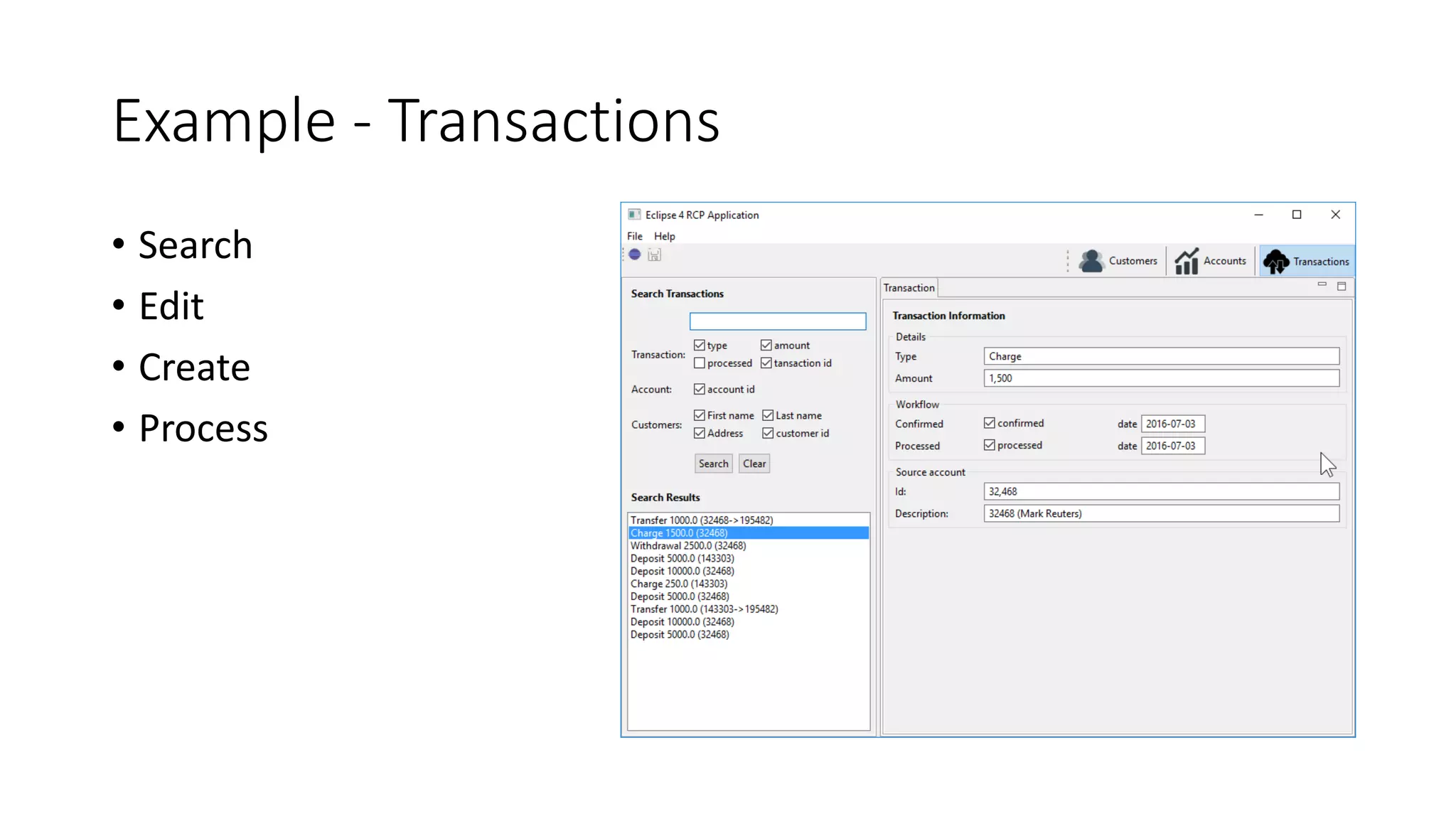 Example - Transactions
• Search
• Edit
• Create
• Process
 